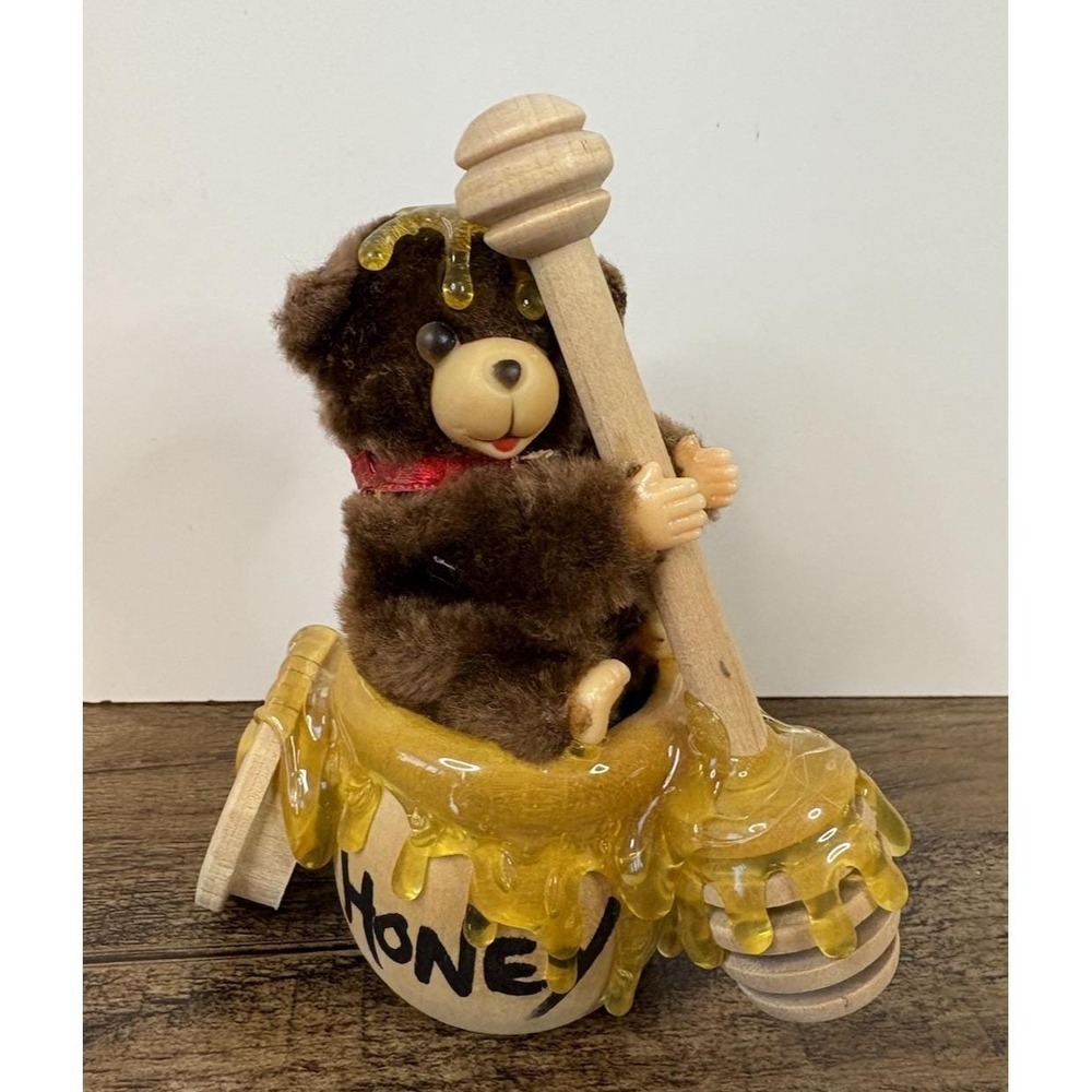 Flocked Brown Bear Figure In 5" Wooden Honey Jar Tub Figure Figurine